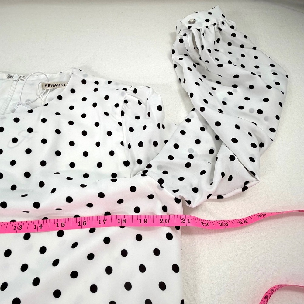 FEHAUTE White Black Polka Dot Pleated Maxi Dress Balloon Sleeve A-Line Sz 10 NWT - Picture 6 of 16